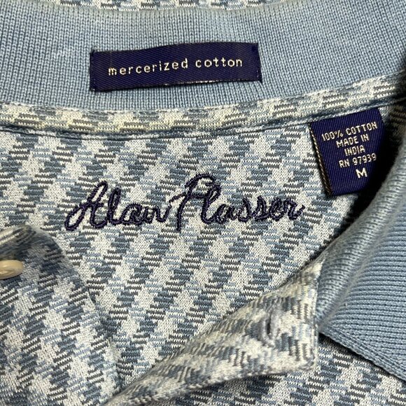 Alan Flusser Med Blue Houndstooth Golf Polo Mercerized Cotton Short Sleeve Top - Picture 3 of 9